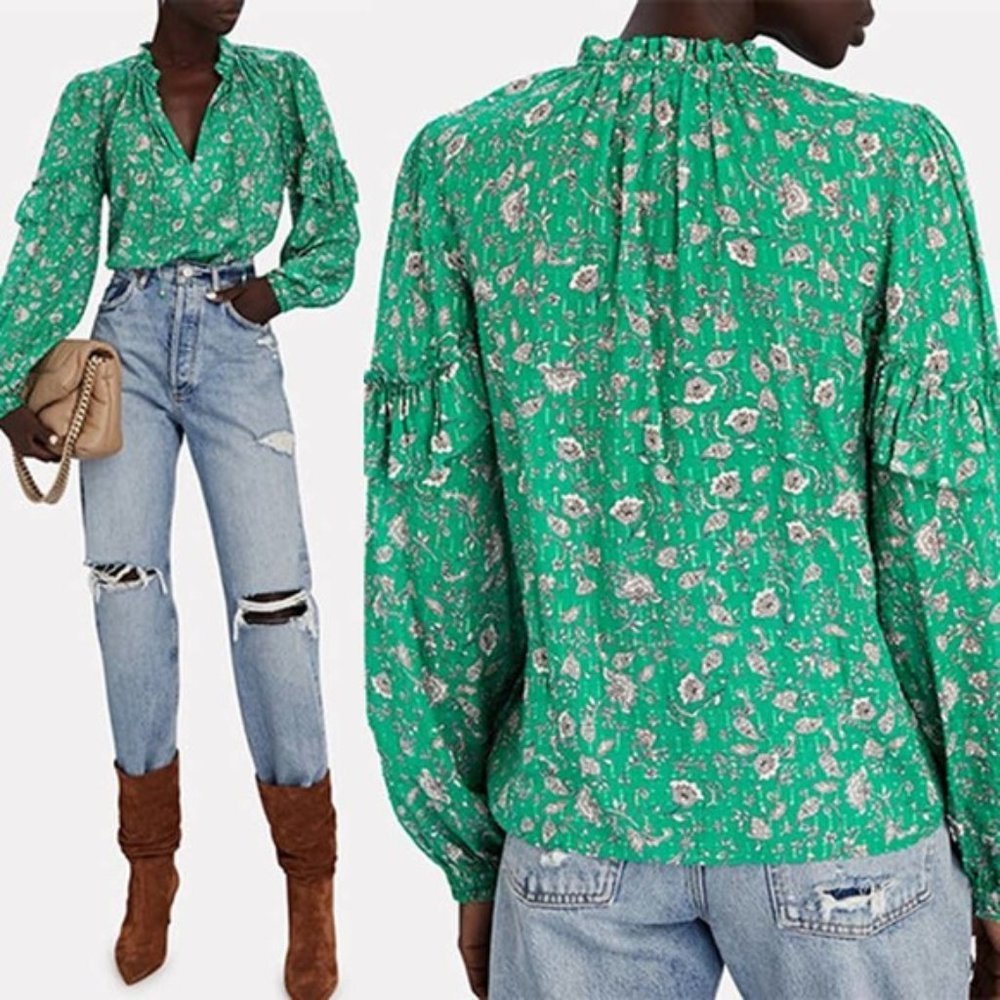Intermix Marika Ruffled Fil Coupé Casual Blouse Women's Green Size: XS NWOT
